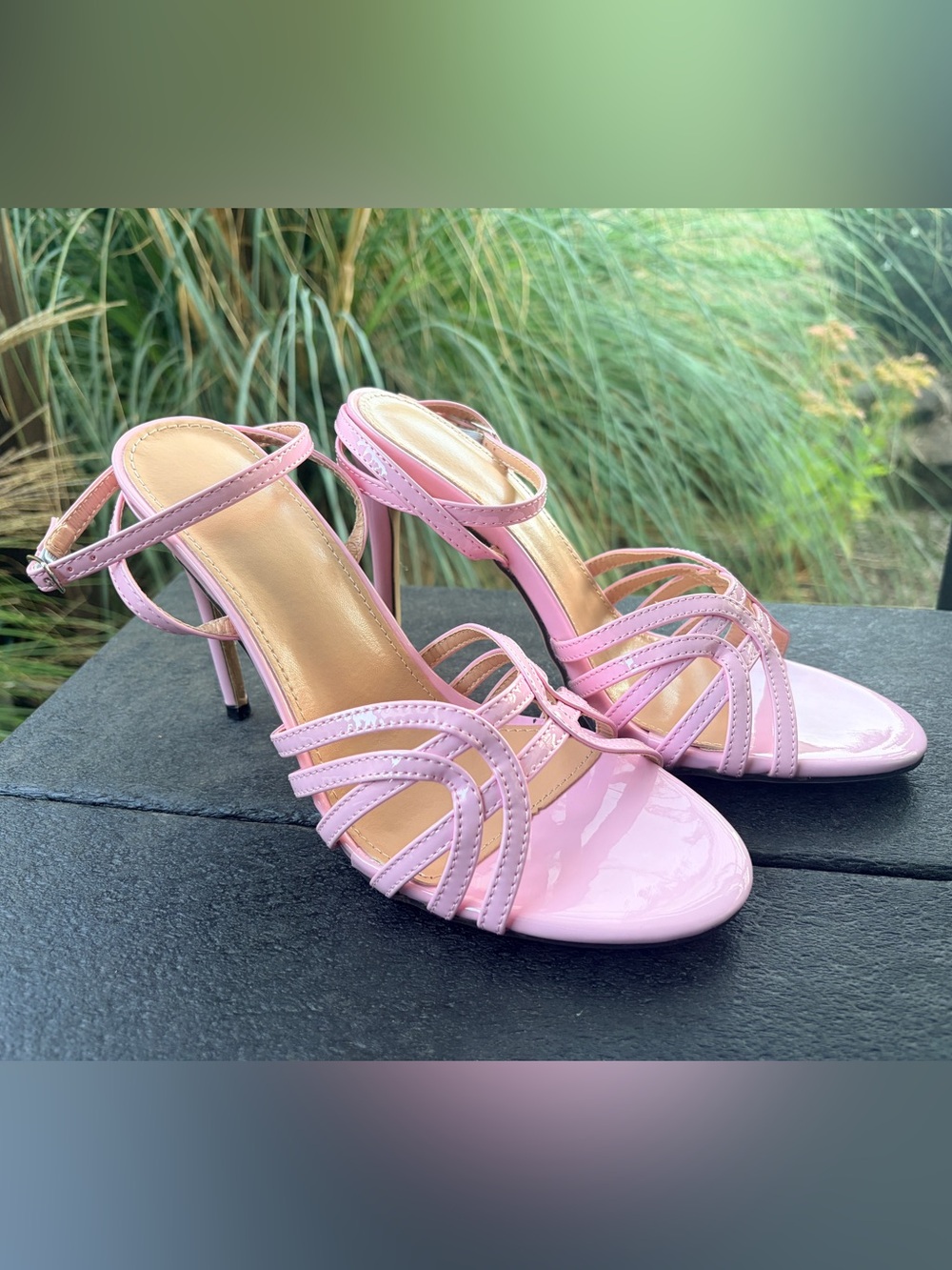 NWOT Light Pink Patent Strappy High Heel Sandals Ankle Strap 8
